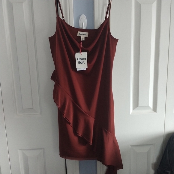 Nordstrom Open Edit Ruffle Mesh Mini Dress Rust Cherry S - Picture 3 of 11